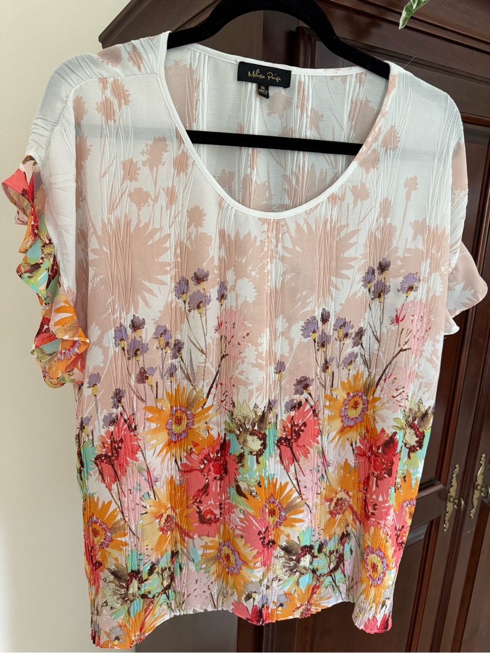 Melissa Paige Tunic Floral Ruffle Short Sleeve Top with Multicolor Blooms-XL